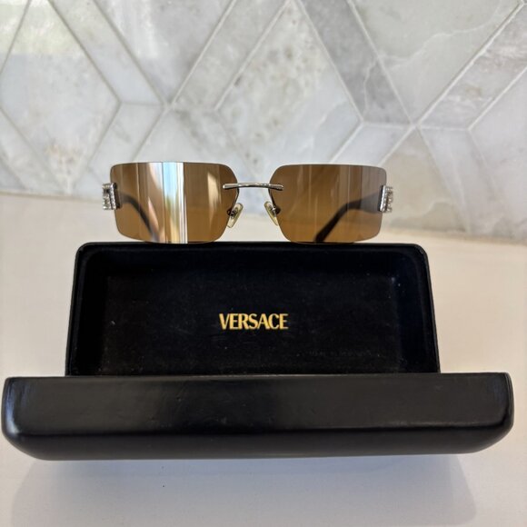 Versace Rhinestone Logo Black Brown Rimless Sunglasses Designer Case Timeless main image 8
